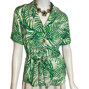 NWT Worthington Women’s Renata Green Fern Leaf Tropical Blouse with Sash XS